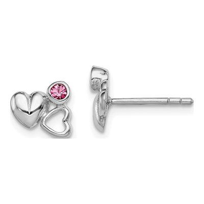 Sterling Silver Round Crystal Girls' Heart Stud Earrings
