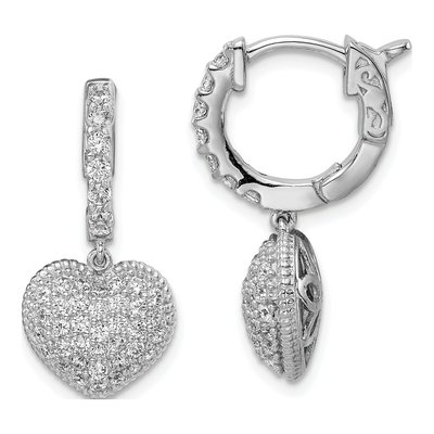 Sterling Silver CZ Pave Heart Dangle Earrings