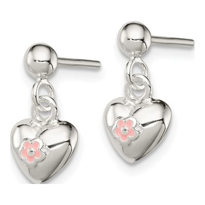 Sterling Silver Girls' Pink Enamel Heart Dangle Earrings – view 3
