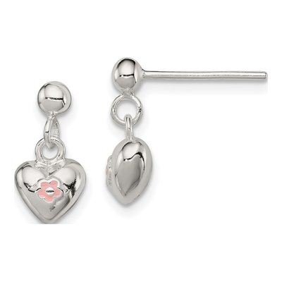 Sterling Silver Girls' Pink Enamel Heart Dangle Earrings