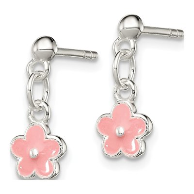 Sterling Silver Girls' Pink Enamel Flower Dangle Earrings – view 3