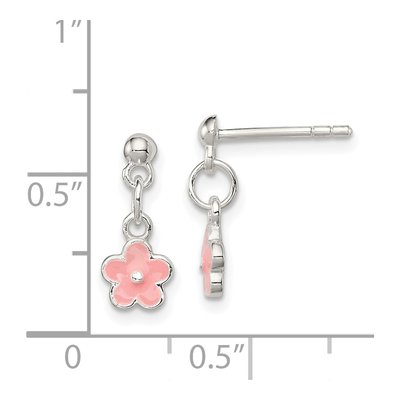 Sterling Silver Girls' Pink Enamel Flower Dangle Earrings – view 5