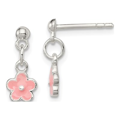 Sterling Silver Girls' Pink Enamel Flower Dangle Earrings
