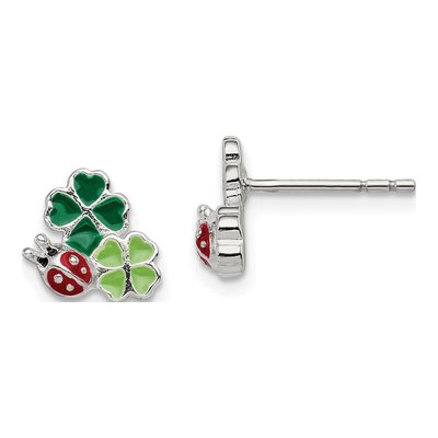 Sterling Silver Girls' Ladybug Clover Stud Earrings