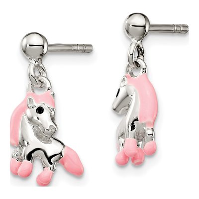 Sterling Silver Girls' Pink Black Horse Dangle Earrings – view 3