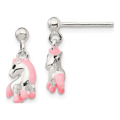 Sterling Silver Girls' Pink Black Horse Dangle Earrings