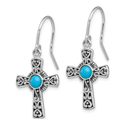 Sterling Silver Lab-Created Turquoise Cross Dangle Earrings – view 3