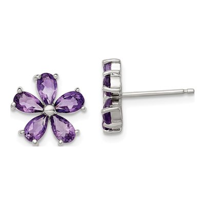 Sterling Silver Pear Amethyst Floral Stud Earrings