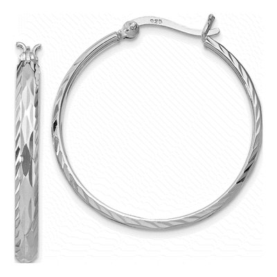 Sterling Silver 33mm Textured Round Hoop Earrings