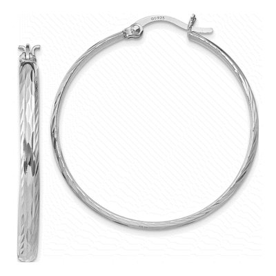 Sterling Silver 37mm Textured Round Hoop Earrings