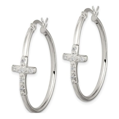 Sterling Silver 33mm CZ Cross Hoop Earrings – view 3