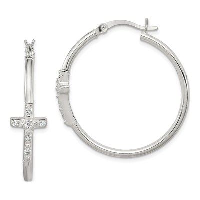 Sterling Silver 33mm CZ Cross Hoop Earrings