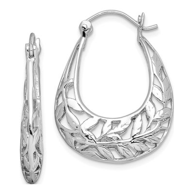 Sterling Silver 28mm Leaf Oval Hoop Earrings