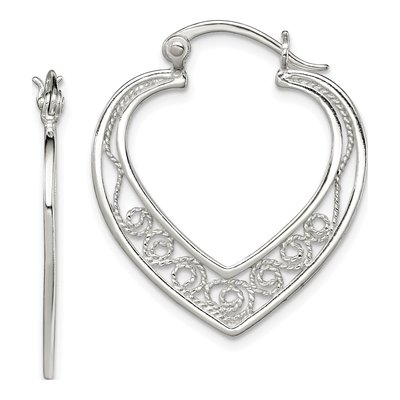 Sterling Silver 29mm Filigree Heart Hoop Earrings
