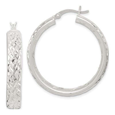 Sterling Silver 37mm Diamond-Cut Hoop Earrings