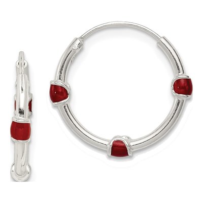 Sterling Silver 18mm Red Enamel Endless Hoop Earrings