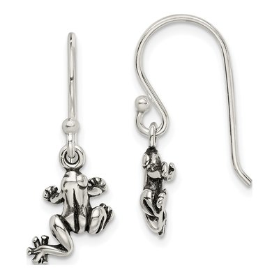 Sterling Silver Antiqued Frog Shepherd Hook Dangle Earrings