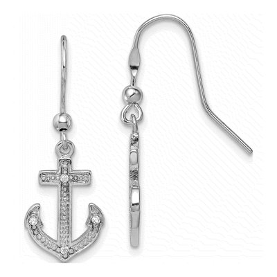 Sterling Silver CZ Anchor Shepherd Hook Dangle Earrings