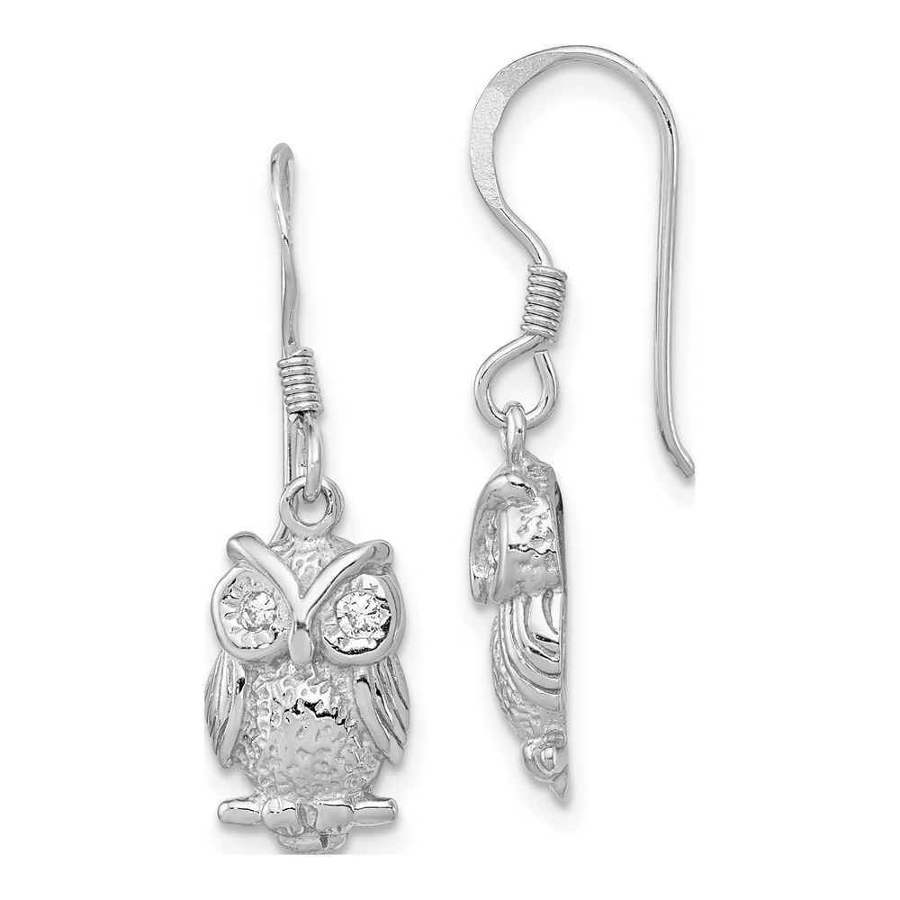 Sterling Silver CZ Owl Dangle Earrings, Shepherd Hook