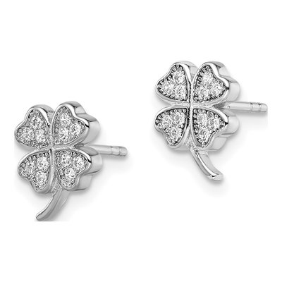 Sterling Silver Round CZ Leaf Clover Stud Earrings – view 3