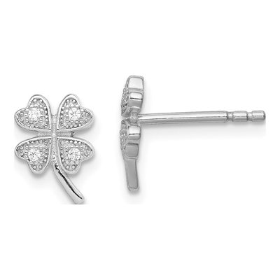 Sterling Silver Round CZ Leaf Clover Stud Earrings