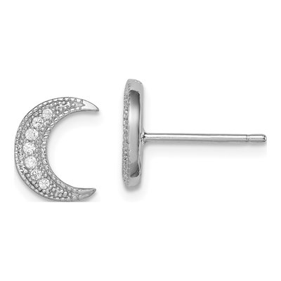 Sterling Silver Round CZ Crescent Moon Stud Earrings