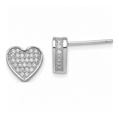 Sterling Silver Round CZ Micro Pave Heart Stud Earrings