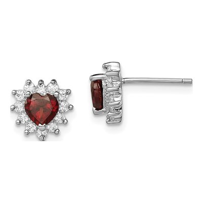 Sterling Silver Round Garnet & CZ Heart Stud Earrings