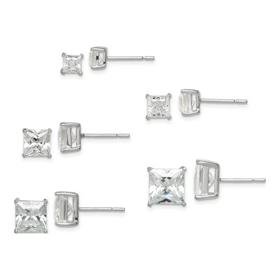 Sterling Silver Square CZ Stud Earrings, Set of 5