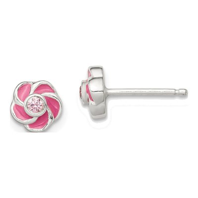 Sterling Silver CZ Enamel Flower Stud Earrings