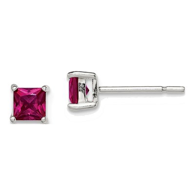 Sterling Silver Red Glass Square Stud Earrings