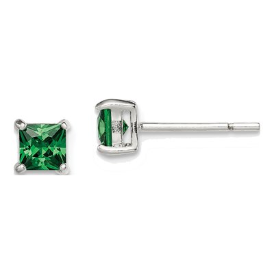 Sterling Silver Green Glass Square Stud Earrings