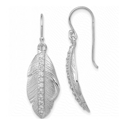 Sterling Silver CZ Textured Feather Dangle Earrings
