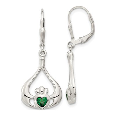 Sterling Silver CZ Claddagh Heart Leverback Earrings