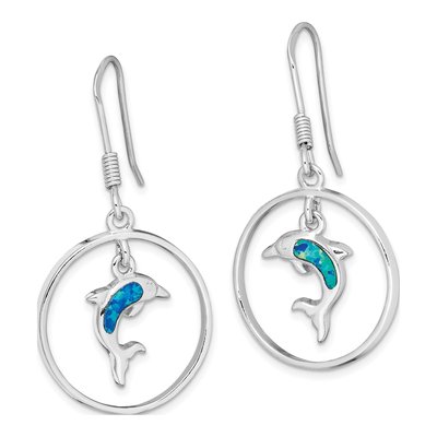 Sterling Silver Lab-Created Opal Dolphin Dangle Earrings – view 3