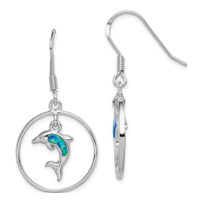 Sterling Silver Lab-Created Opal Dolphin Dangle Earrings
