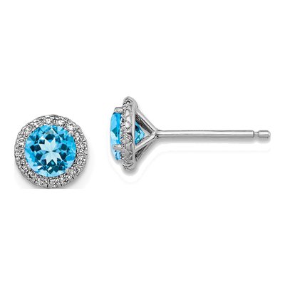 Sterling Silver Round Sky Blue Topaz & CZ Button Stud Earrings