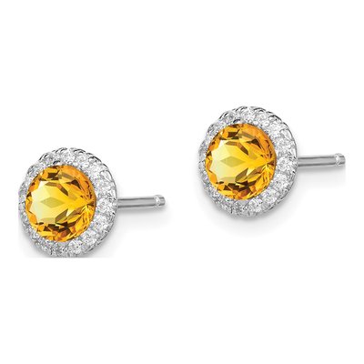 Sterling Silver Round Citrine & CZ Button Stud Earrings – view 3