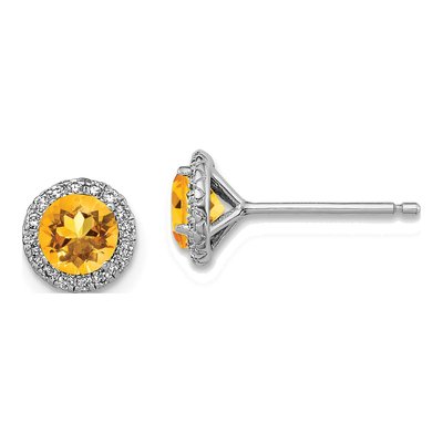 Sterling Silver Round Citrine & CZ Button Stud Earrings