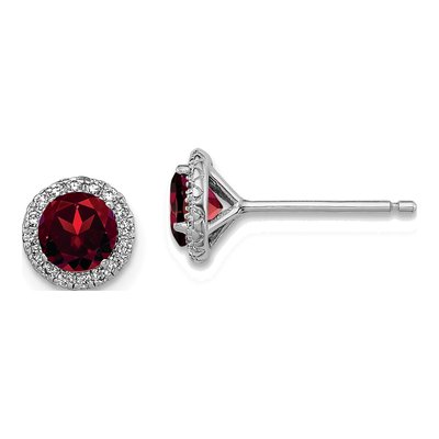 Sterling Silver Round Garnet & CZ Button Stud Earrings