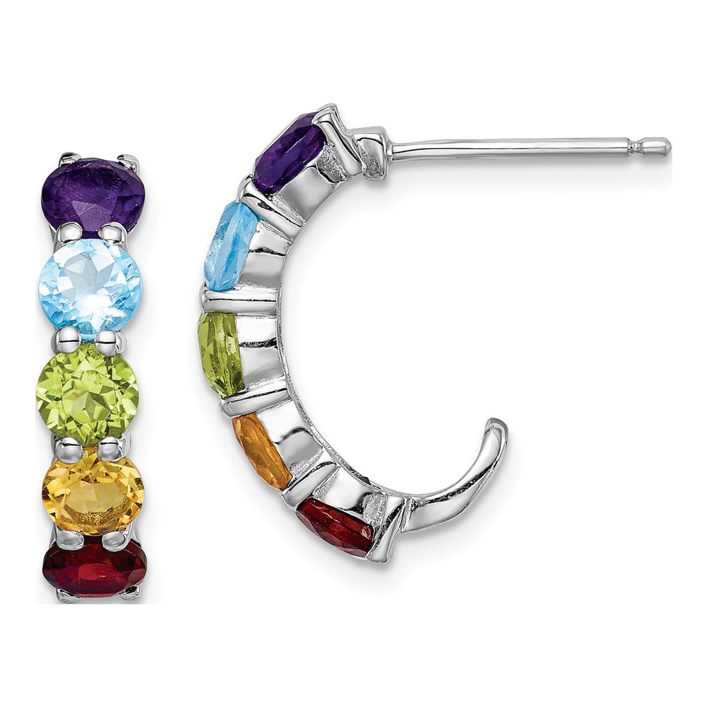 Sterling Silver 12mm Amethyst & Swiss Blue Topaz Multi J- Hoop Earrings