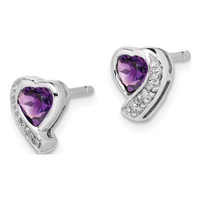 Sterling Silver Amethyst & Diamond Heart Stud Earrings – view 3