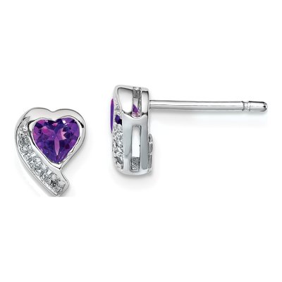 Sterling Silver Amethyst & Diamond Heart Stud Earrings