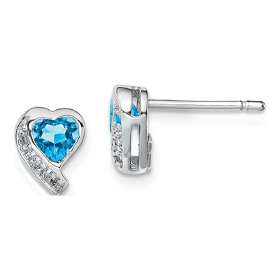 Sterling Silver Swiss Blue Topaz & Diamond Heart Stud Earrings