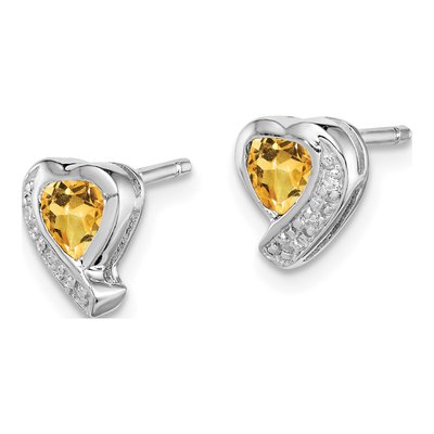Sterling Silver Citrine & Diamond Heart Stud Earrings – view 3