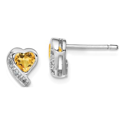 Sterling Silver Citrine & Diamond Heart Stud Earrings