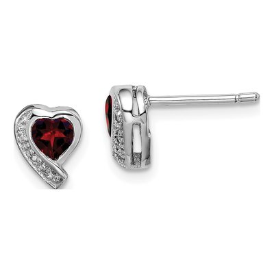 Sterling Silver Garnet & Diamond Heart Stud Earrings