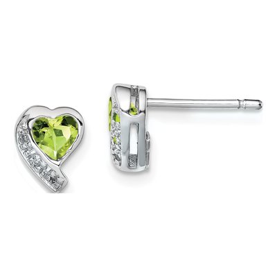 Sterling Silver Peridot & Diamond Heart Stud Earrings