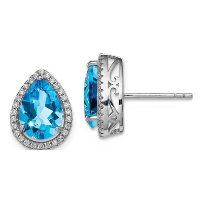 Sterling Silver Swiss Blue Topaz & CZ Button Stud Earrings