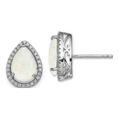 Sterling Silver Lab-Created Opal & CZ Button Stud Earrings